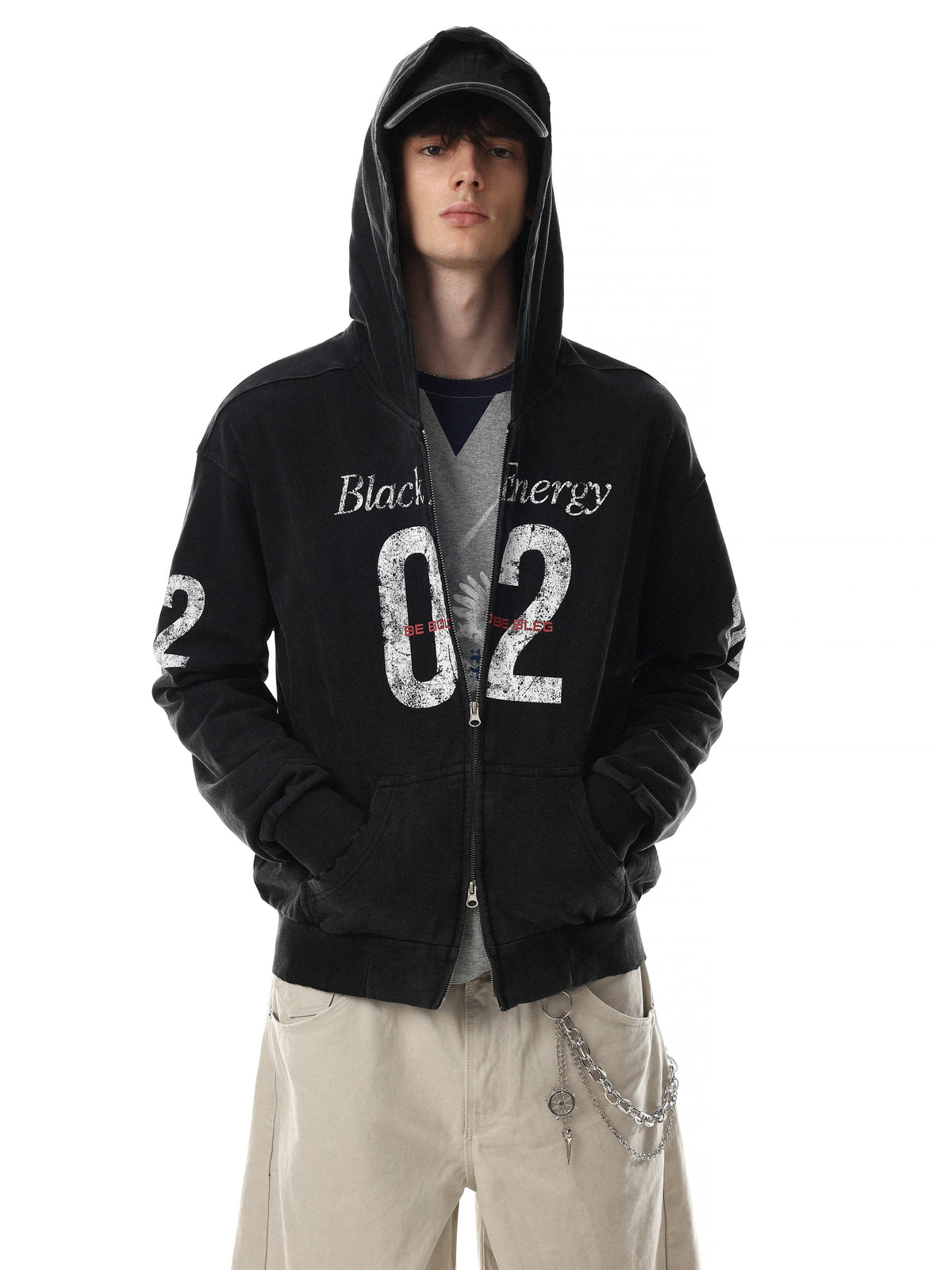 BLACK ENERGY | Number 02 Zip Up Hoodie in Black - model view