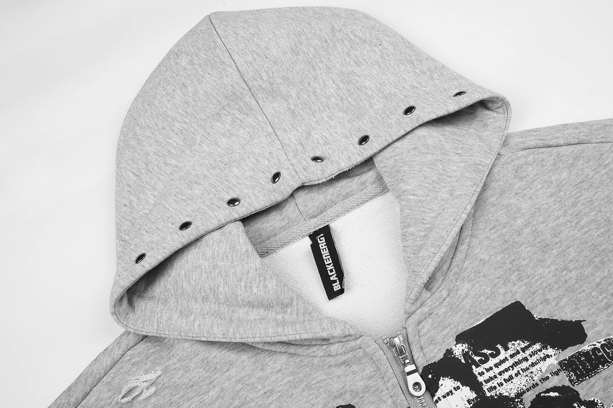 BLACK ENERGY | Studded Collage Zip Up Hoodie - product detail