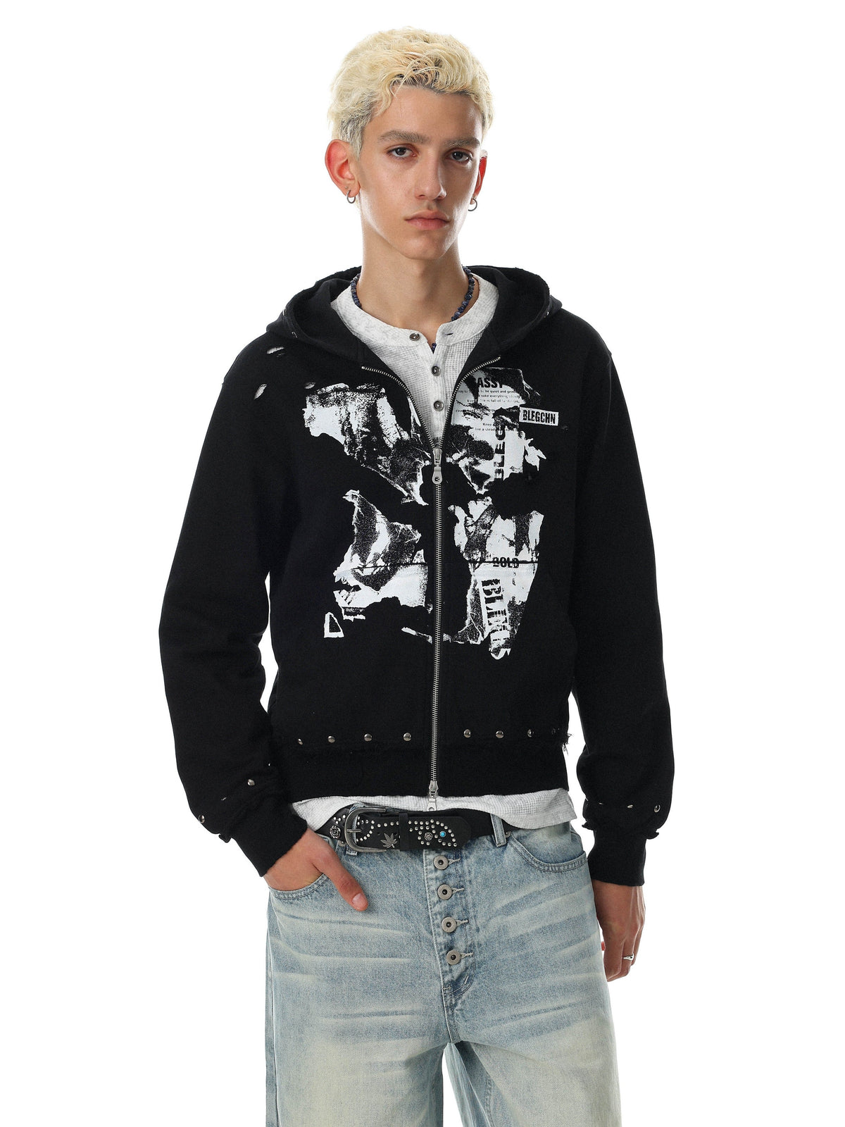 BLACK ENERGY | Studded Collage Zip Up Hoodie in Black - model view