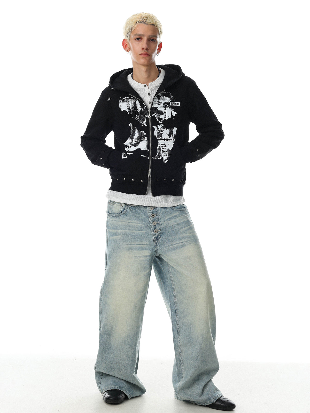 BLACK ENERGY | Studded Collage Zip Up Hoodie in Black - model view
