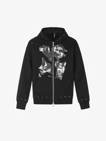 BLACK ENERGY | Studded Collage Zip Up Hoodie in Black - front view