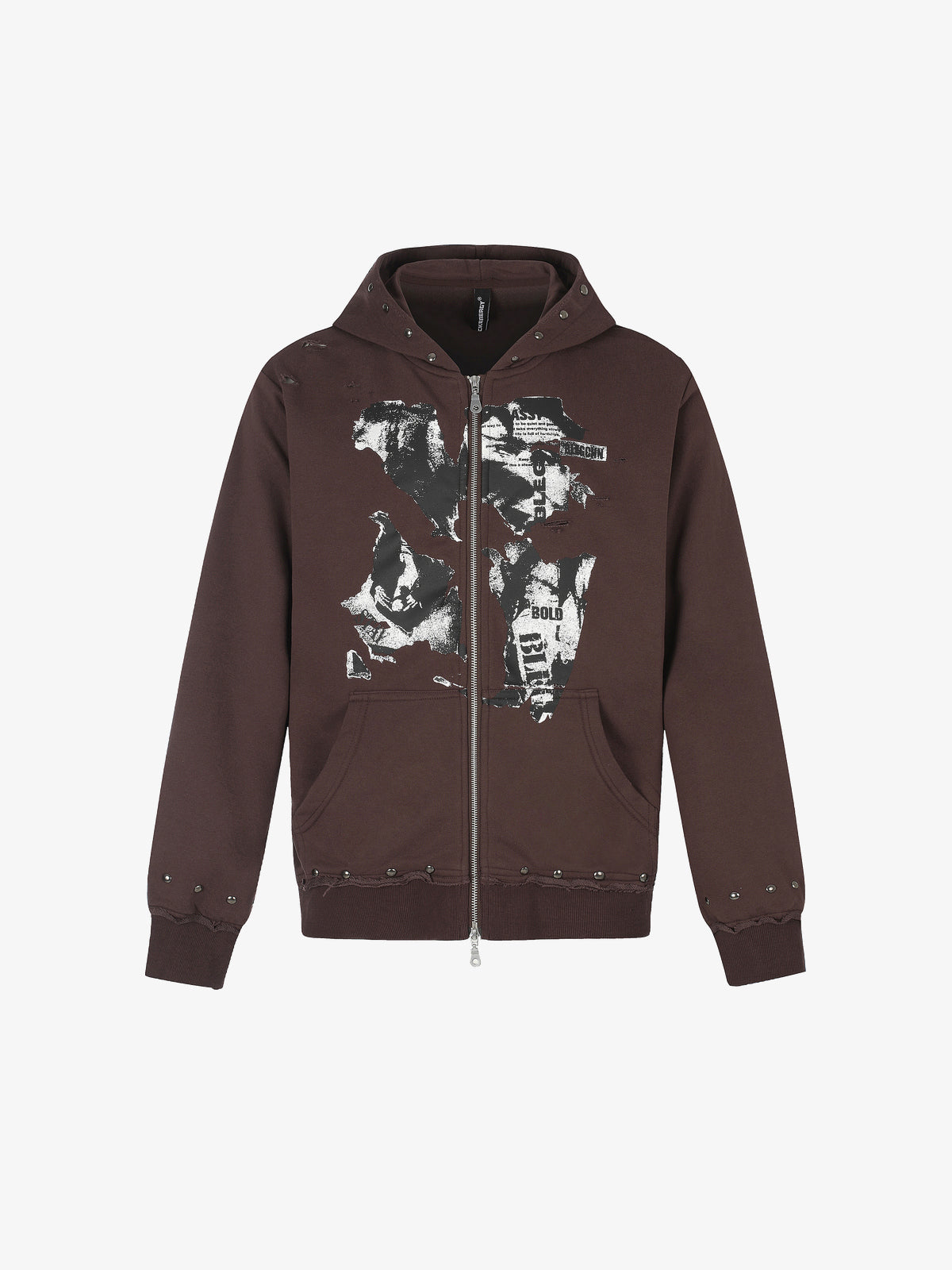 BLACK ENERGY | Studded Collage Zip Up Hoodie in Brown - front view