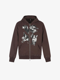 BLACK ENERGY | Studded Collage Zip Up Hoodie in Brown - front view