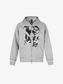 BLACK ENERGY | Studded Collage Zip Up Hoodie in Gray - front view