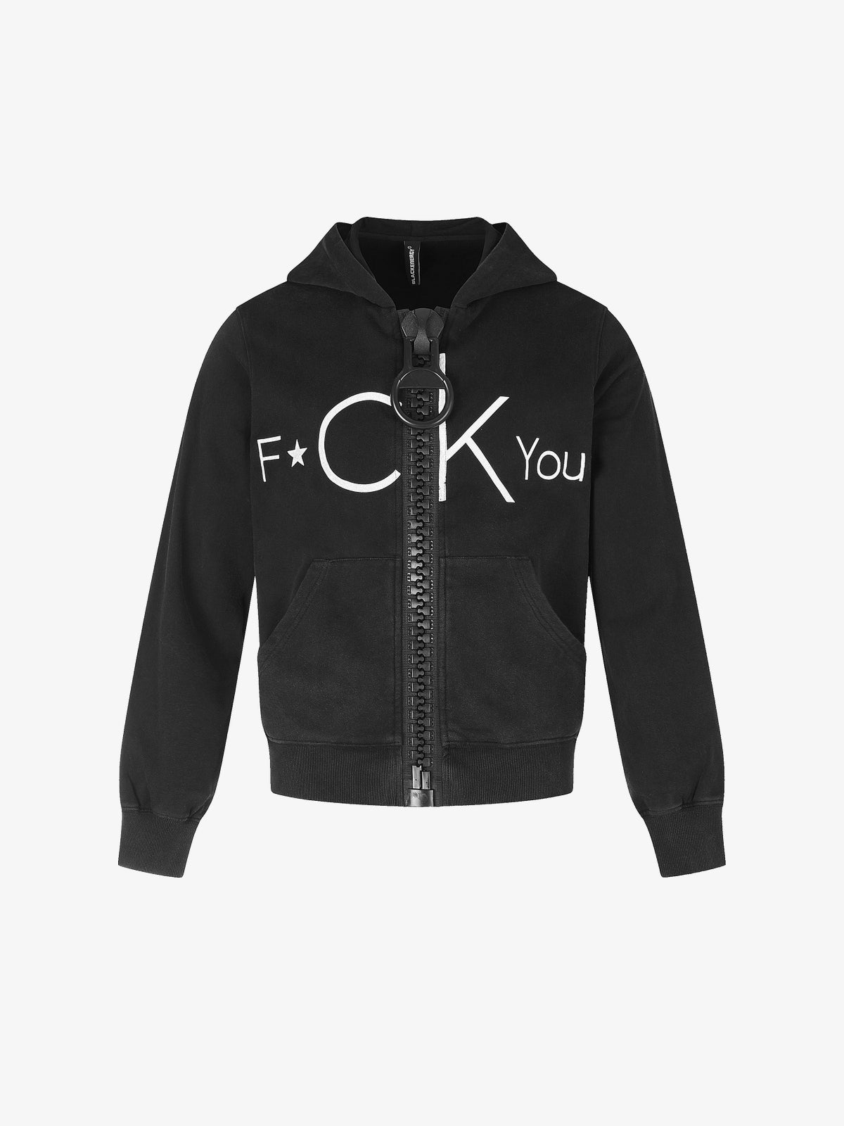 BLACK ENERGY | Statement Script Zip Up Hoodie in Black - front view