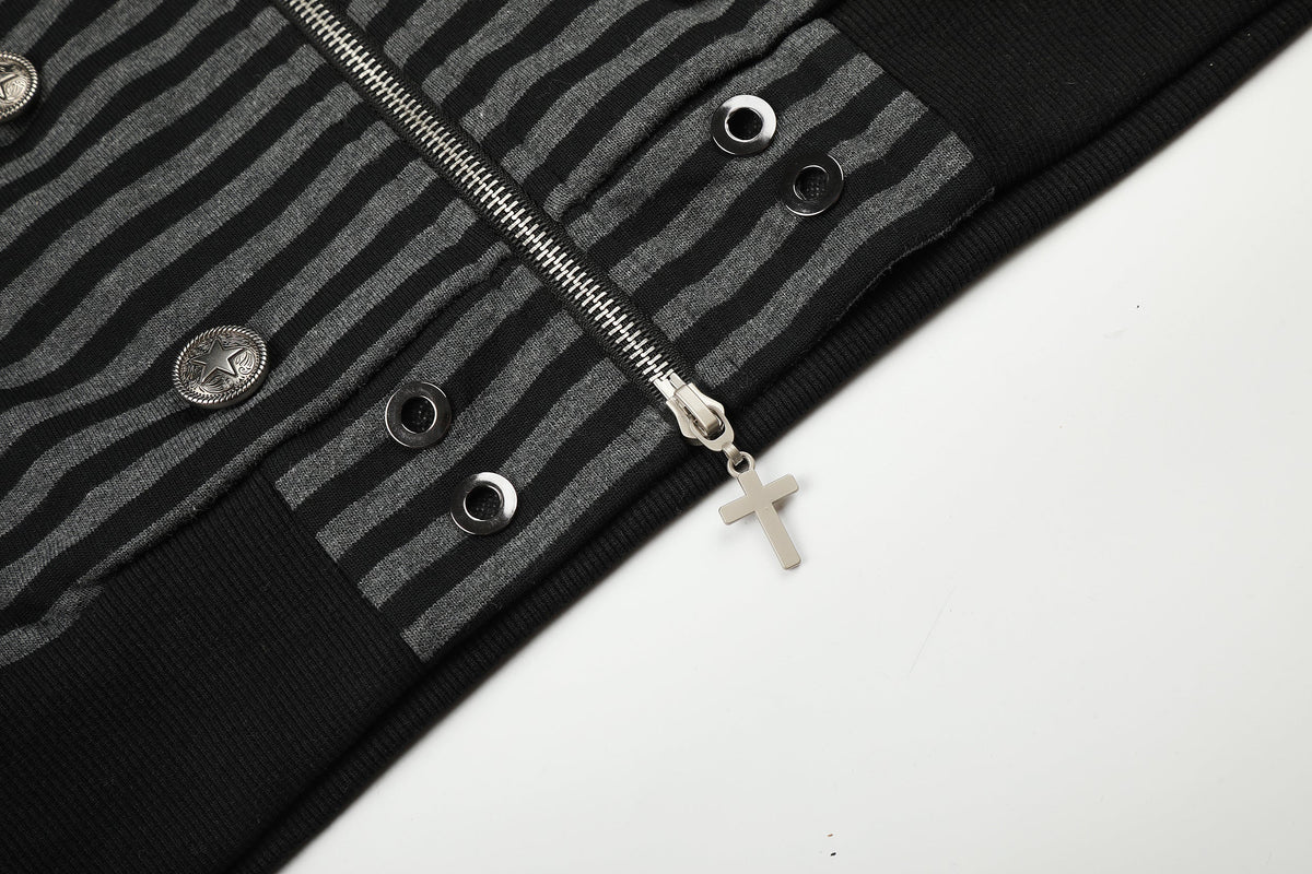 BLACK ENERGY | Striped Button Zip Up Hoodie - product detail