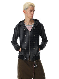 BLACK ENERGY | Striped Button Zip Up Hoodie in Black - model view