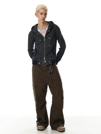 BLACK ENERGY | Striped Button Zip Up Hoodie in Black - model view