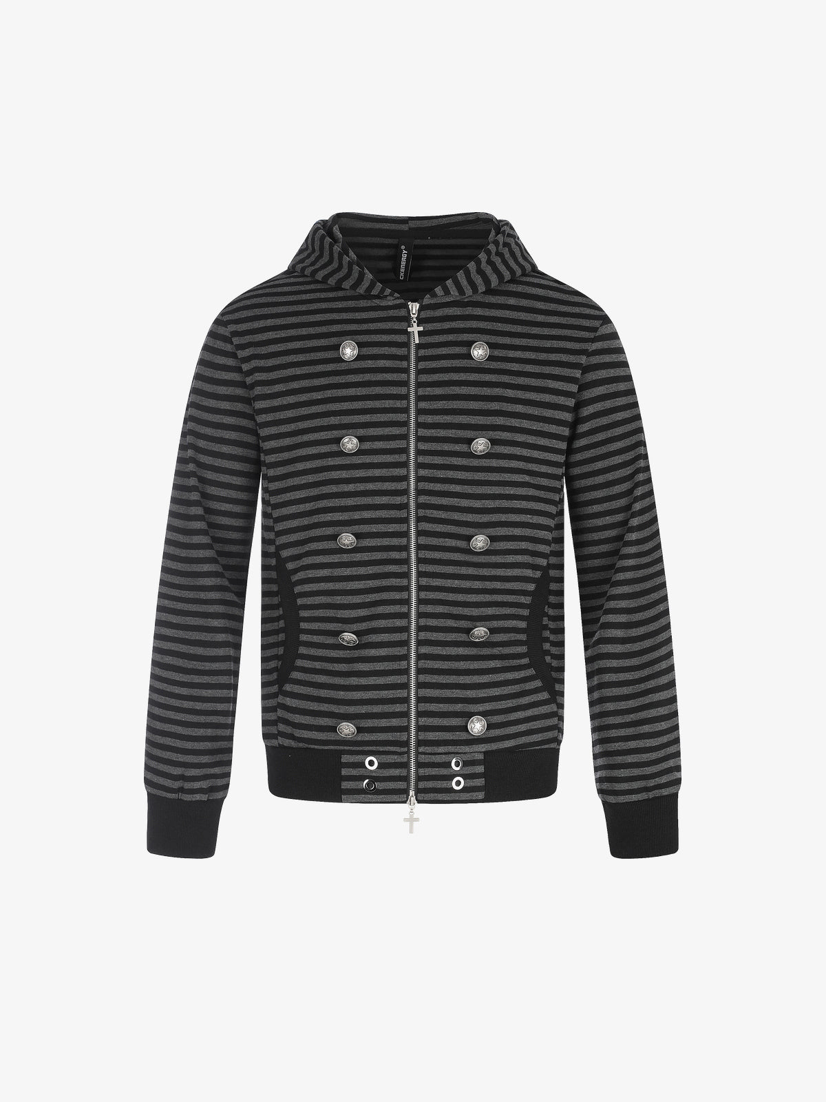 BLACK ENERGY | Striped Button Zip Up Hoodie in Black - front view