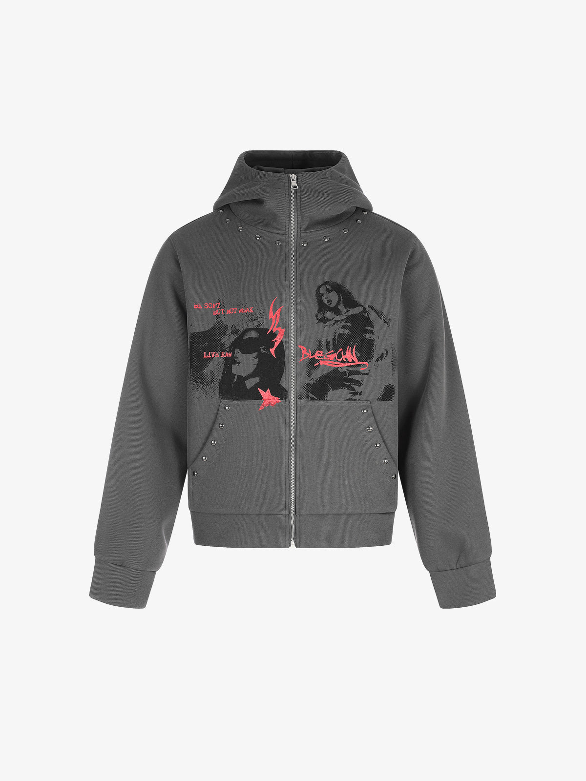BLACK ENERGY | Character Print Zip Up Hoodie in Gray - front view