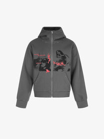 BLACK ENERGY | Character Print Zip Up Hoodie in Gray - front view