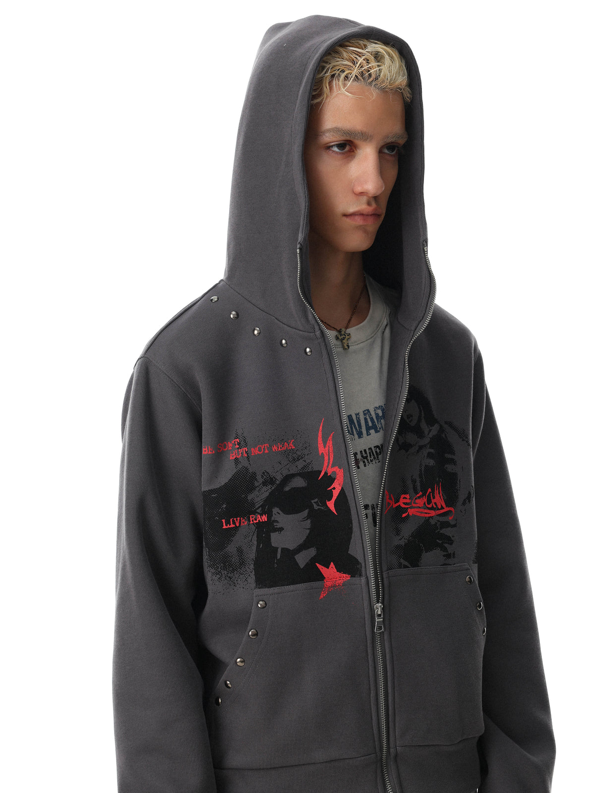 BLACK ENERGY | Character Print Zip Up Hoodie in Gray - model view