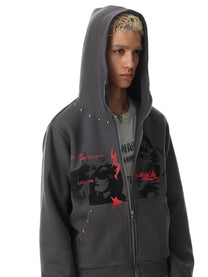 BLACK ENERGY | Character Print Zip Up Hoodie in Gray - model view