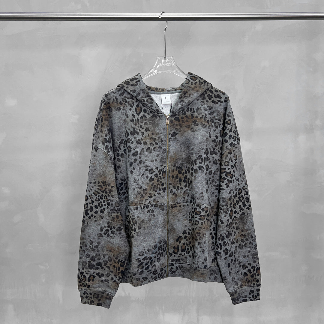 CHAOKEXI | Washed Leopard Zip Up Hoodie - product detail