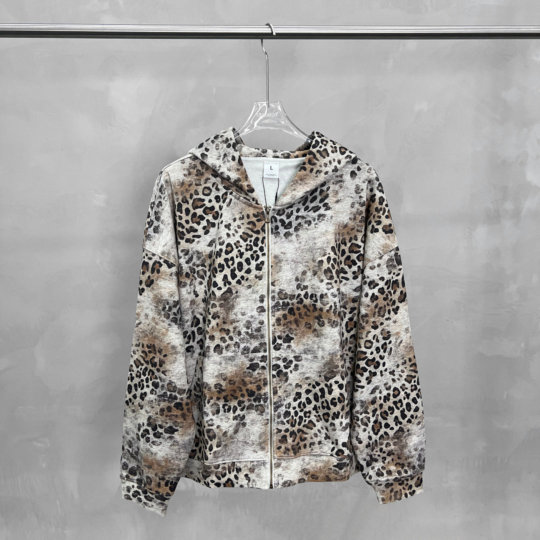 CHAOKEXI | Washed Leopard Zip Up Hoodie - product detail