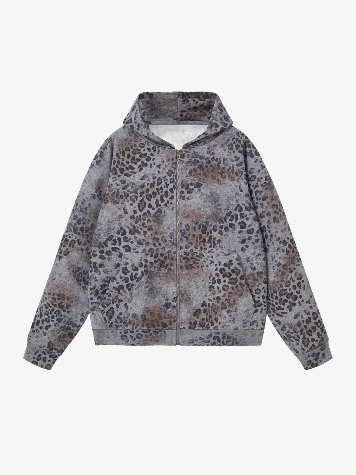 CHAOKEXI | Washed Leopard Zip Up Hoodie in Dark Gray - front view