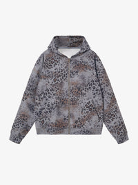CHAOKEXI | Washed Leopard Zip Up Hoodie