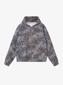CHAOKEXI | Washed Leopard Zip Up Hoodie in Dark Gray - front view