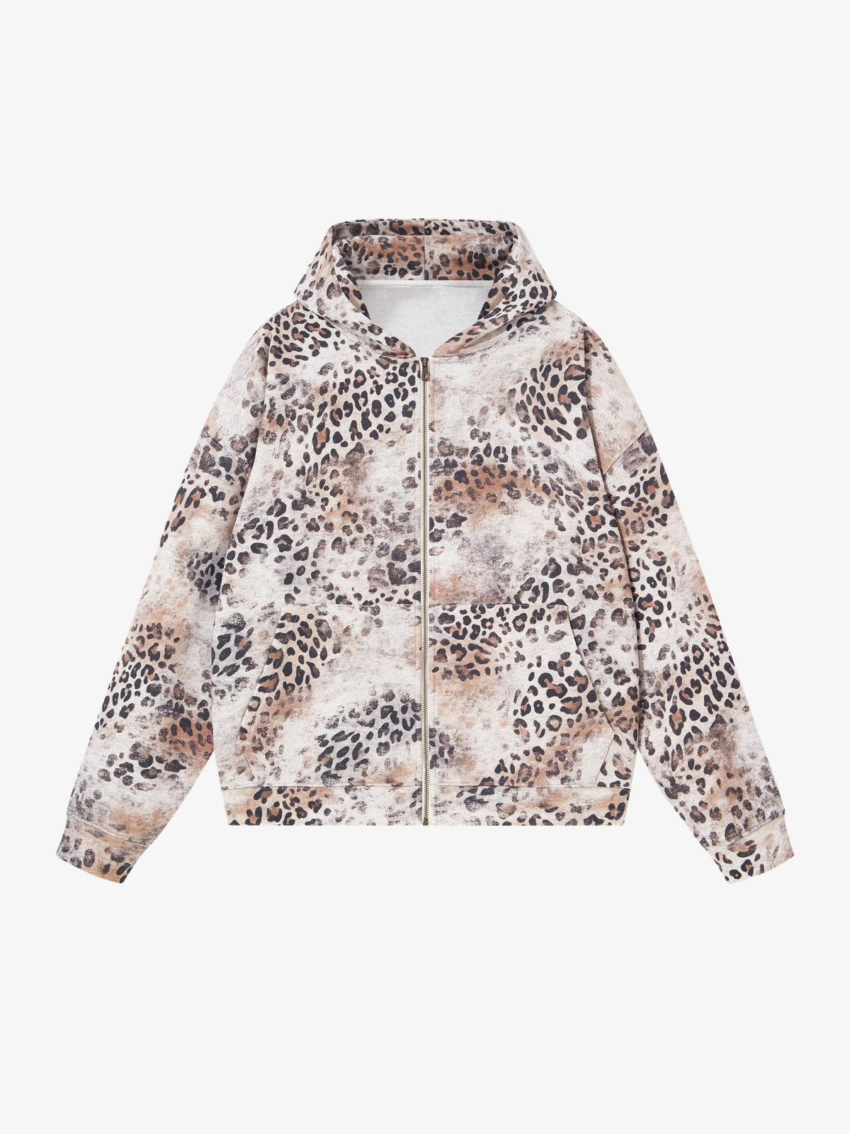 CHAOKEXI | Washed Leopard Zip Up Hoodie in Oat Gray - front view