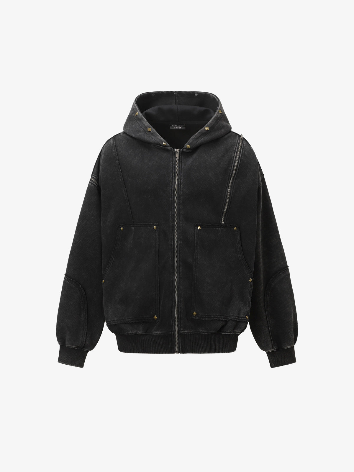 EXTREME CAUSE | Distressed Seam Zip Up Hoodie in Black - front view