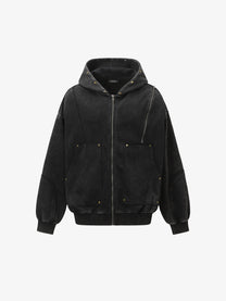 EXTREME CAUSE | Distressed Seam Zip Up Hoodie in Black - front view