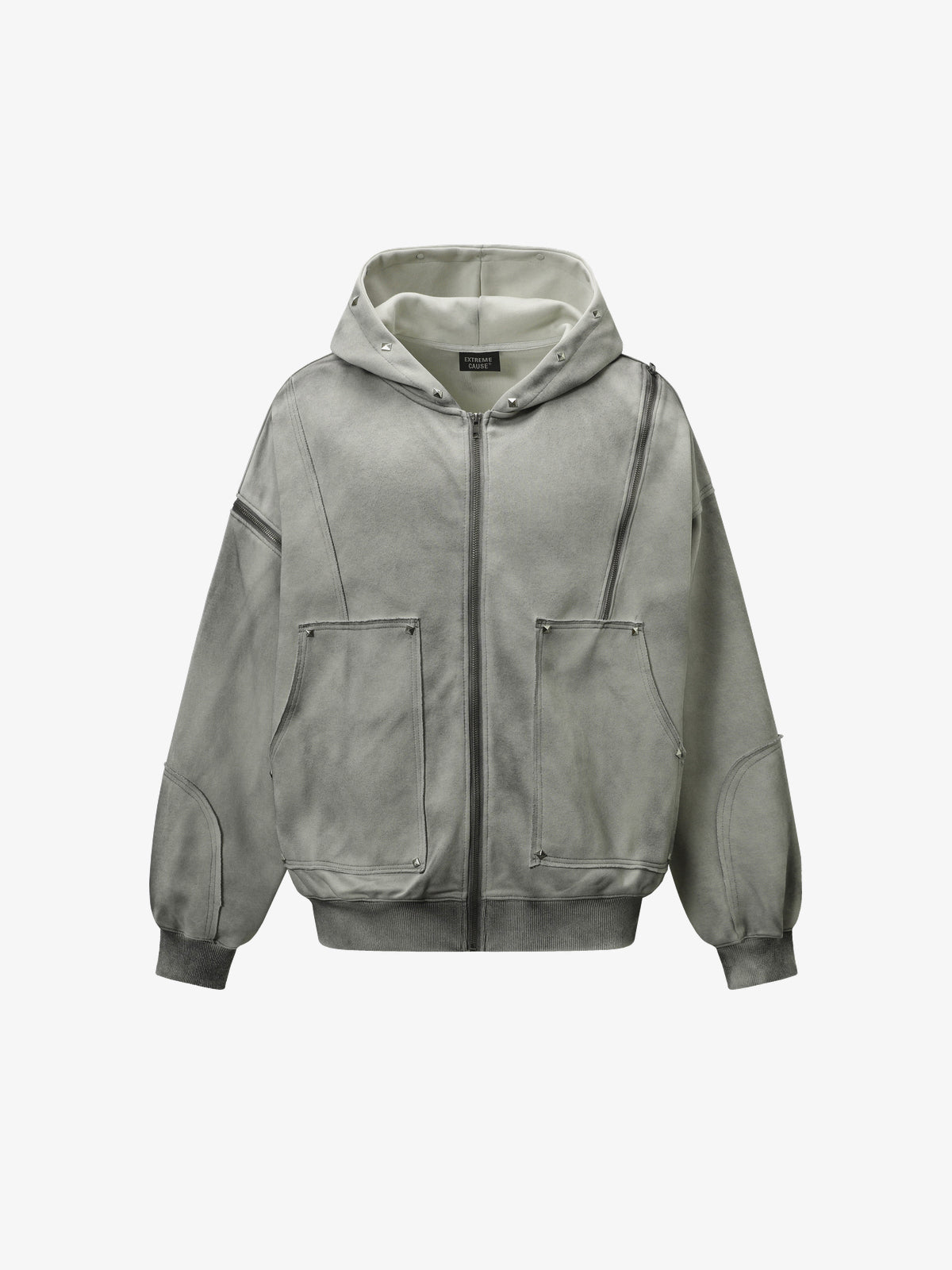 EXTREME CAUSE | Distressed Seam Zip Up Hoodie in Gray - front view