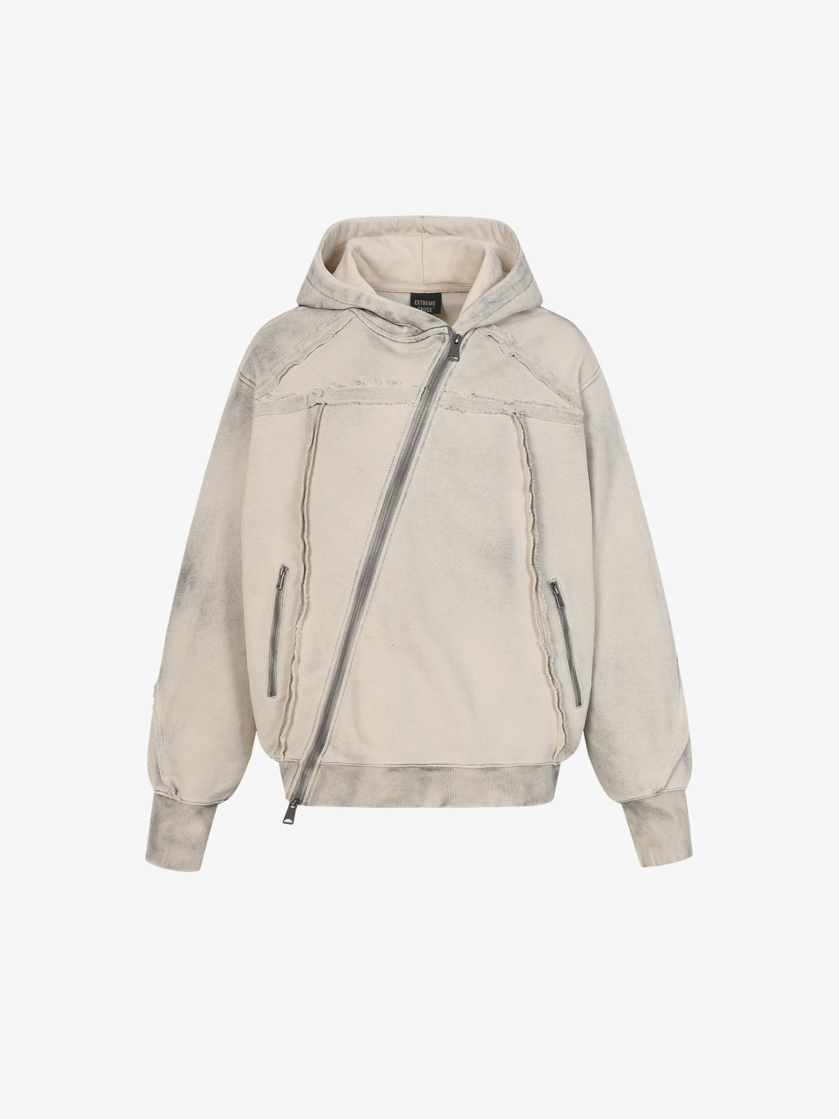 EXTREME CAUSE | Asymmetric Zip Up Hoodie in Beige - front view