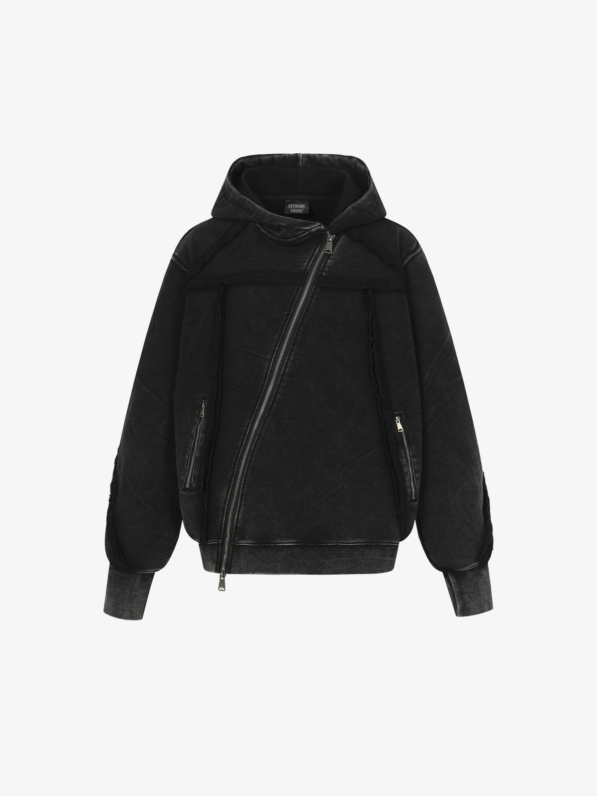 EXTREME CAUSE | Asymmetric Zip Up Hoodie in Black - front view