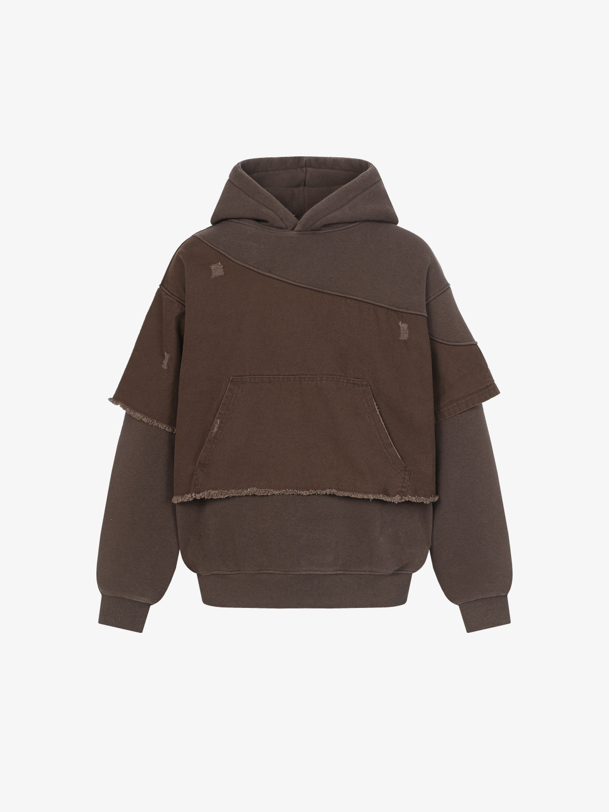EXTREME CAUSE | Raw Edge Layered Hoodie in Brown - front view