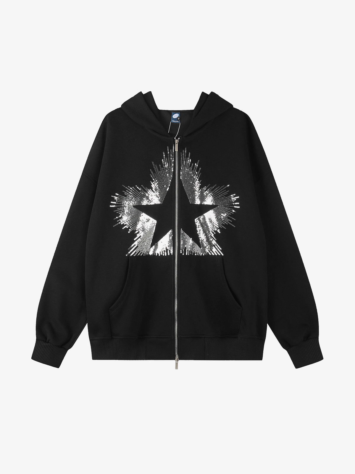 GEESAS | Sequin Starburst Zip Up Hoodie in Black - front view