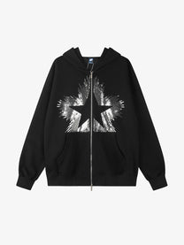 GEESAS | Sequin Starburst Zip Up Hoodie in Black - front view