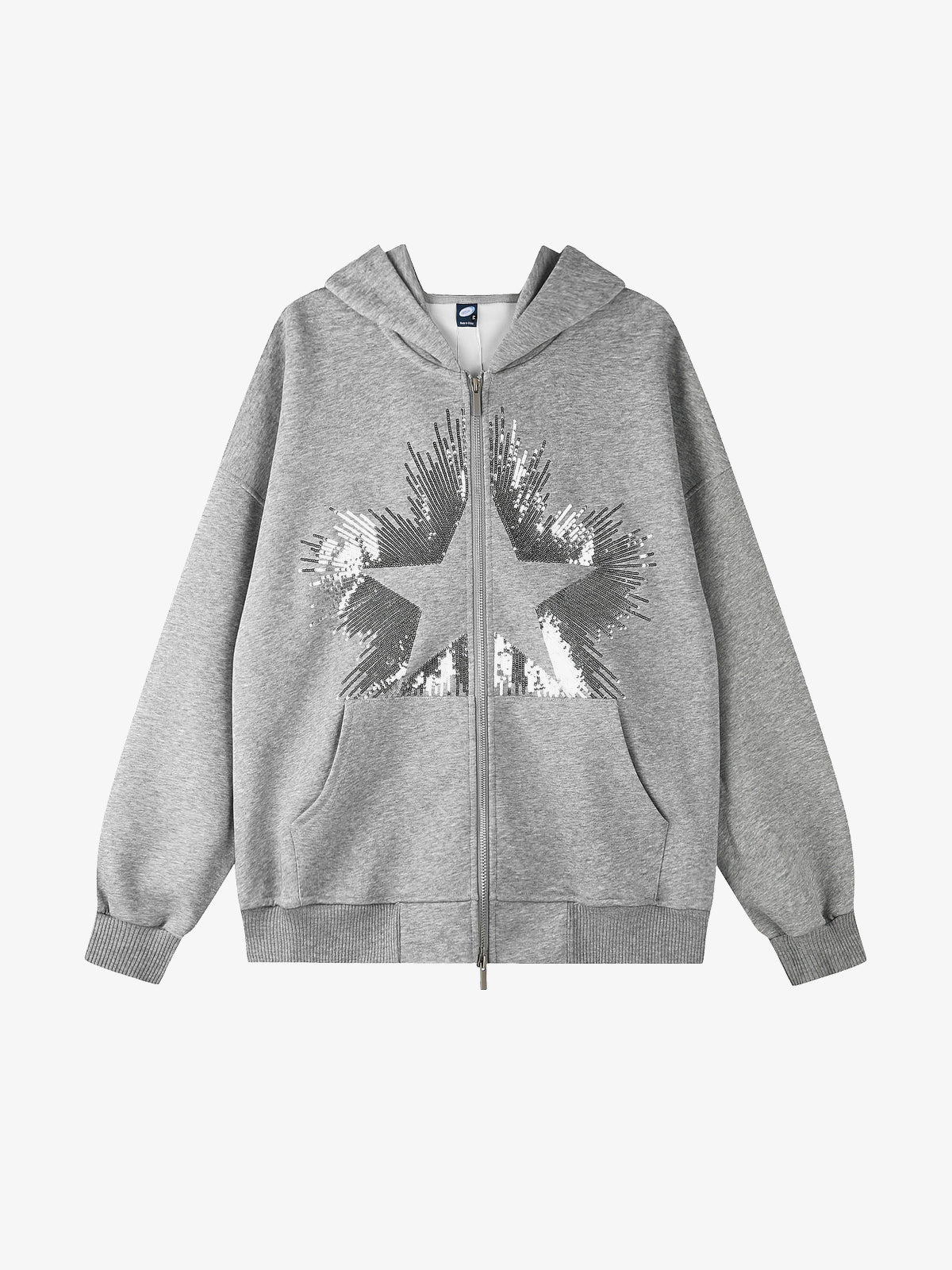 GEESAS | Sequin Starburst Zip Up Hoodie in Gray - front view