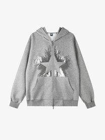 GEESAS | Sequin Starburst Zip Up Hoodie in Gray - front view