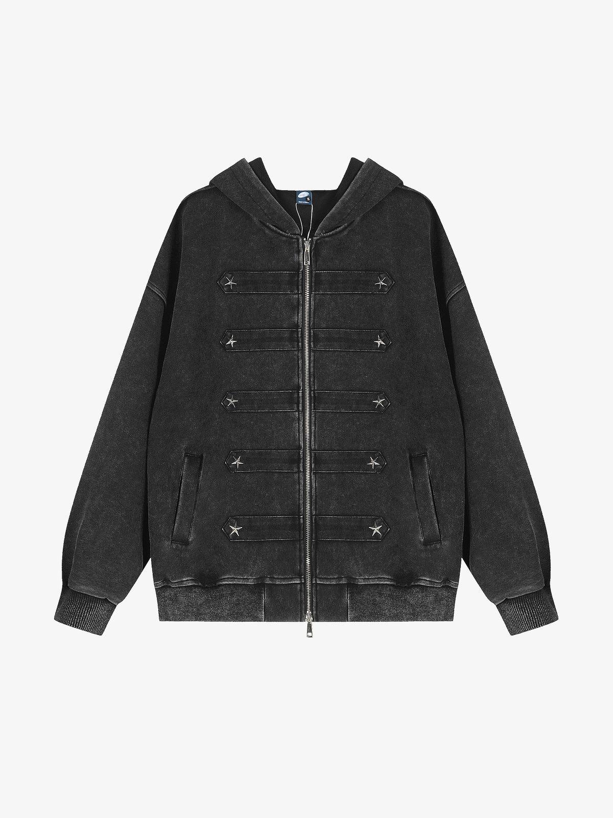 GEESAS | Washed Star Zip Up Hoodie in Black - front view