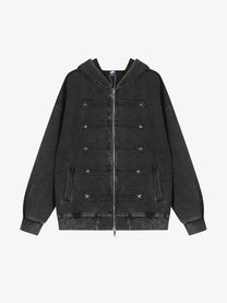 GEESAS | Washed Star Zip Up Hoodie in Black - front view