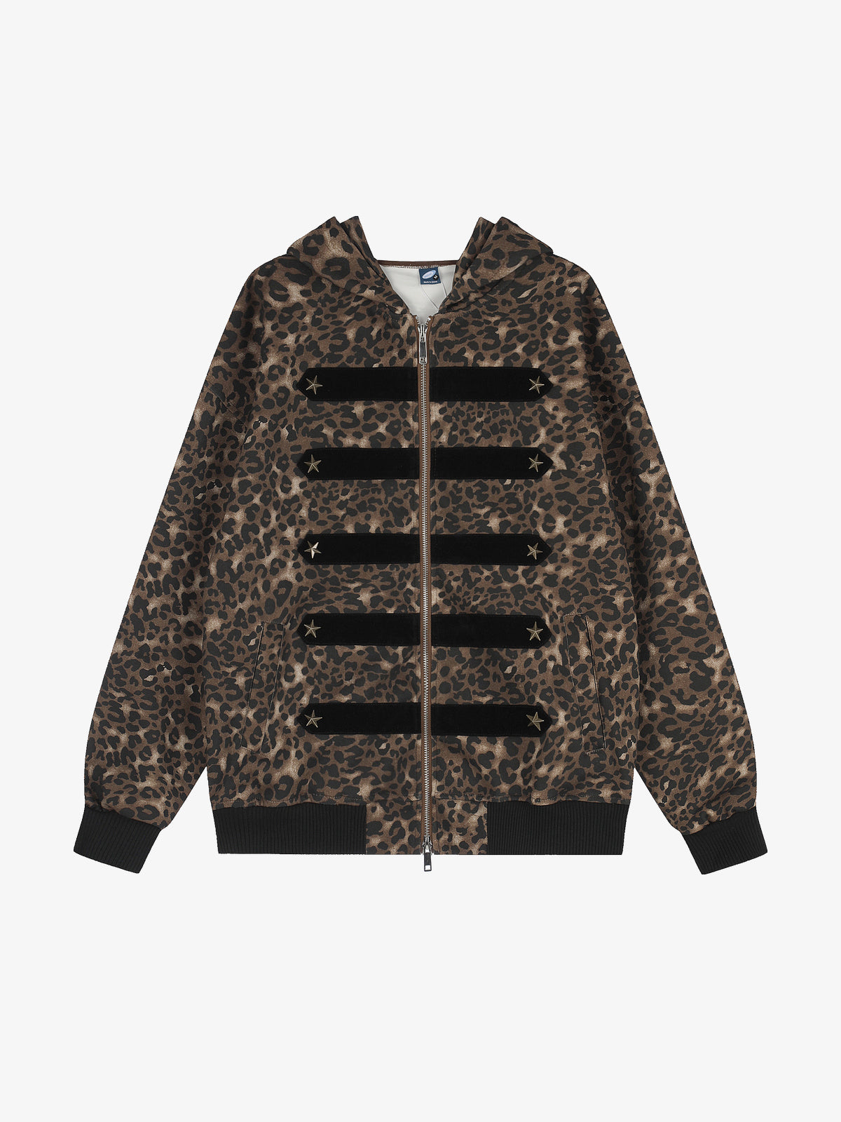 GEESAS | Washed Star Zip Up Hoodie in Leopard - front view