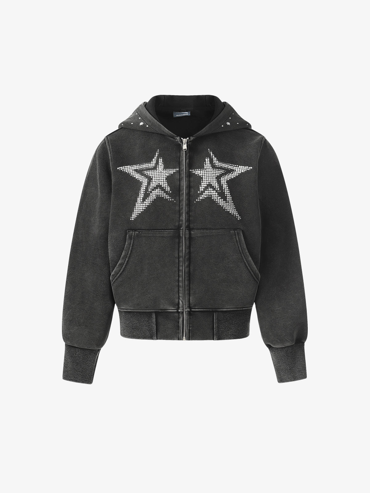 GEESAS | Rhinestone Stars Zip Up Hoodie in Black - front view