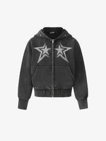 GEESAS | Rhinestone Stars Zip Up Hoodie in Black - front view