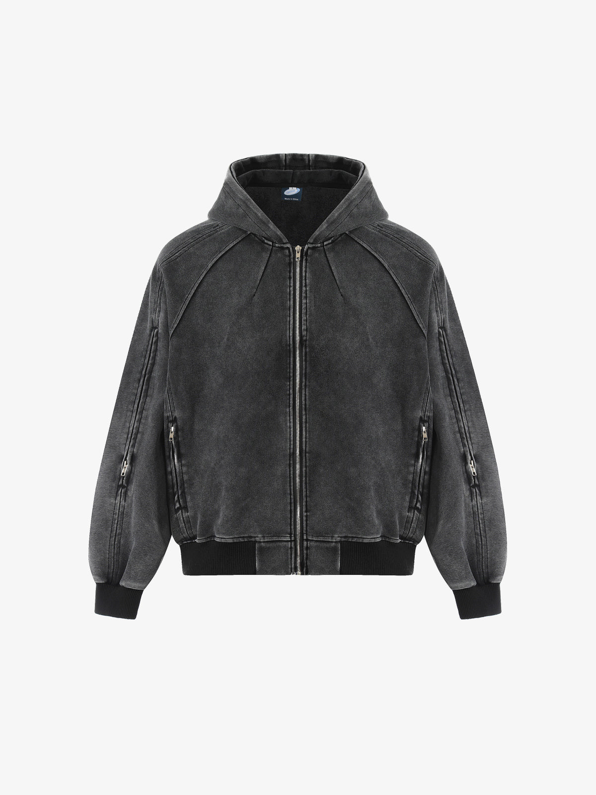 GEESAS | Sleeve Pocket Zip Up Hoodie in Black - front view