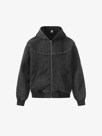 GEESAS | Studded Yoke Zip Up Hoodie in Black - front view