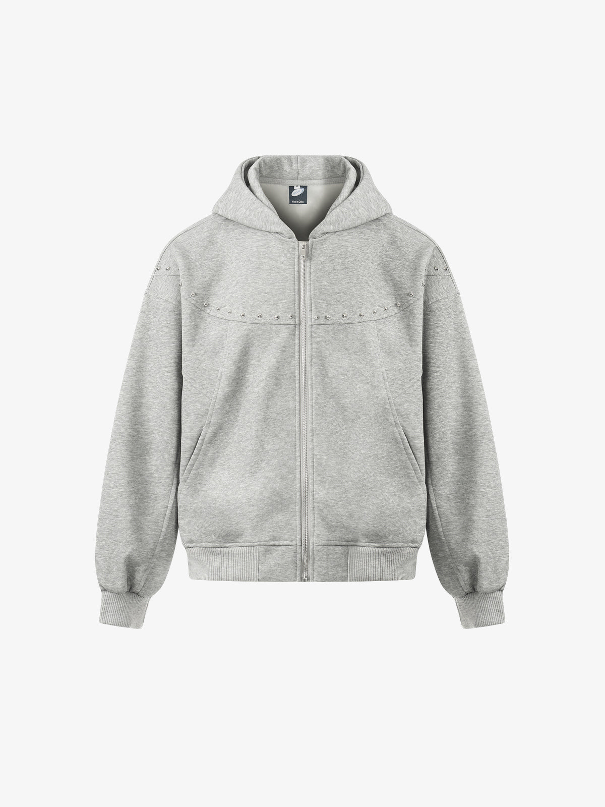 GEESAS | Studded Yoke Zip Up Hoodie in Gray - front view