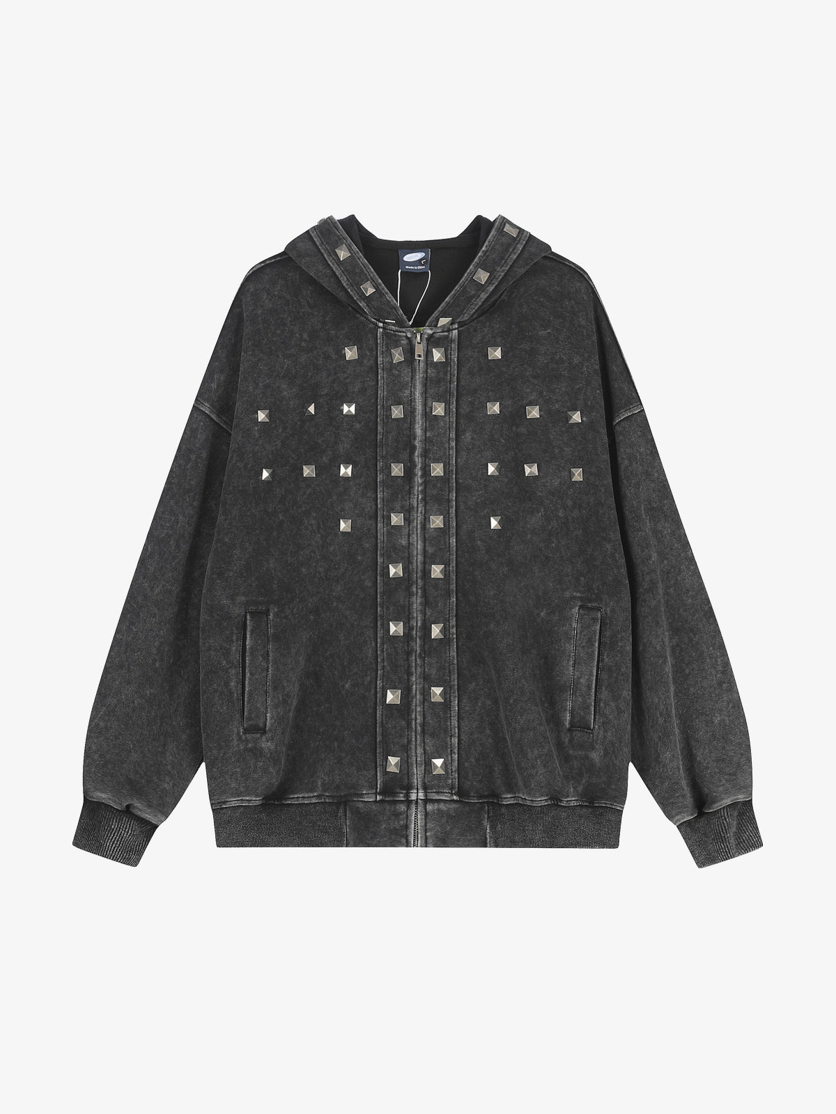 GEESAS | Stud Grid Zip Up Hoodie in Black - front view
