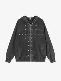 GEESAS | Stud Grid Zip Up Hoodie in Black - front view