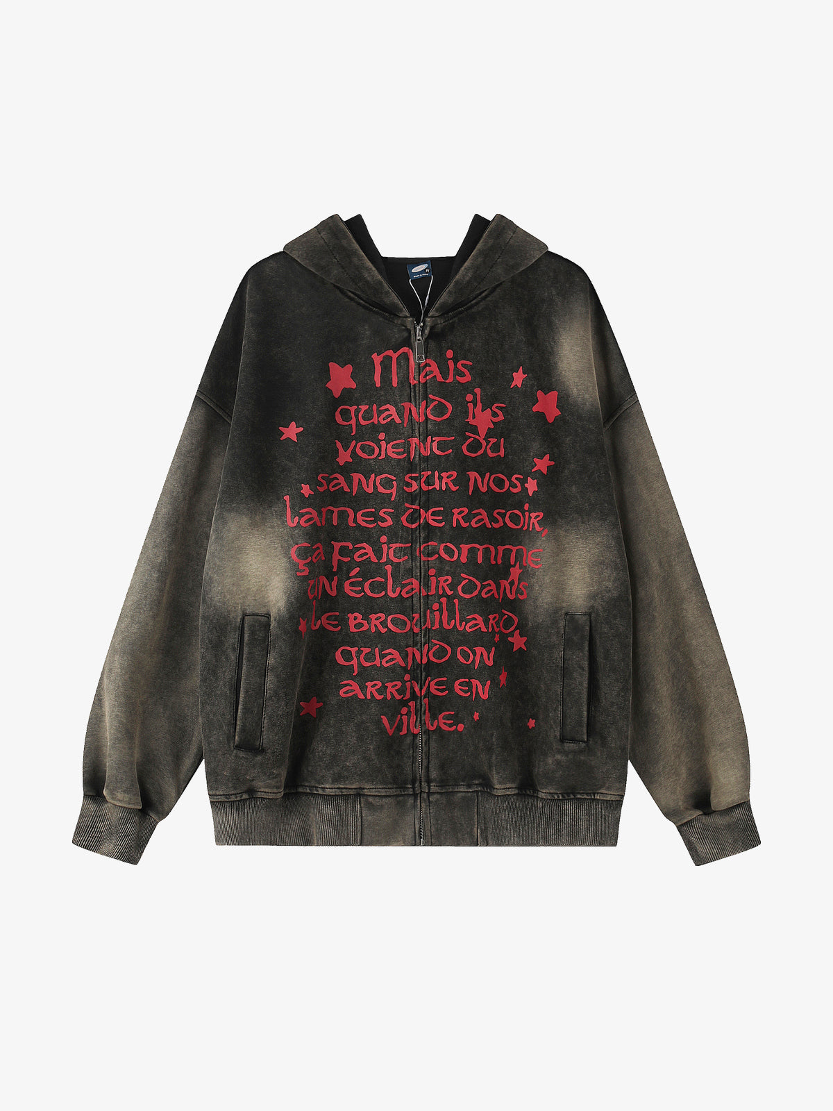 GEESAS | Washed Script Zip Up Hoodie in Washed Black - front view
