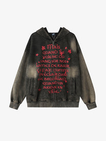 GEESAS | Washed Script Zip Up Hoodie in Washed Black - front view