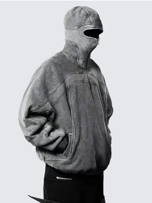 GUO WEAR | Face Cover Zip Pocket Hoodie in Grey - model view