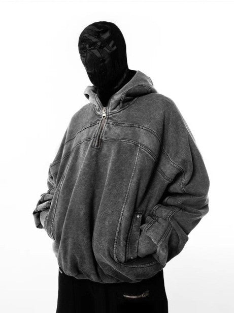 GUO WEAR | Face Cover Zip Pocket Hoodie in Grey - model view