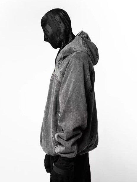 GUO WEAR | Face Cover Zip Pocket Hoodie in Grey - model view