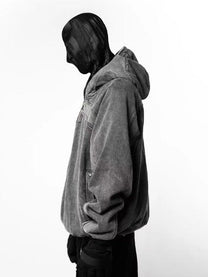 GUO WEAR | Face Cover Zip Pocket Hoodie in Grey - model view