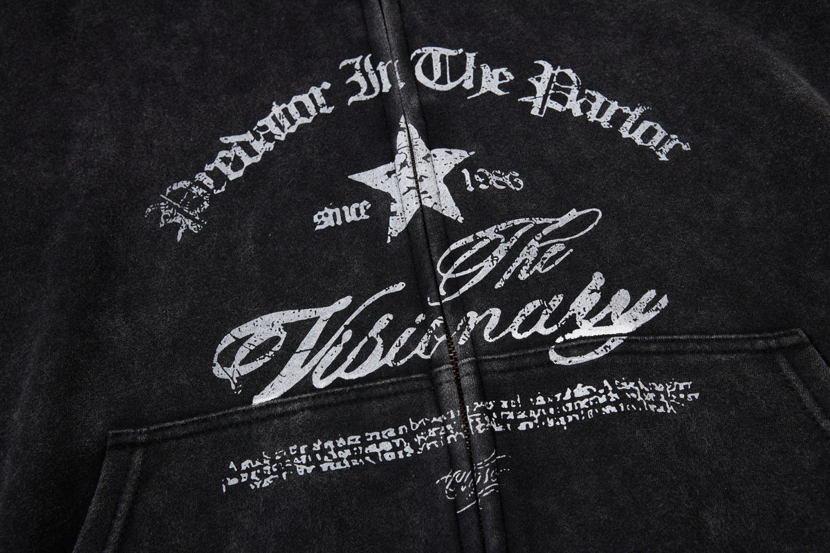 INSERROR MAFA | Ornate Script Zip Up Hoodie - product detail